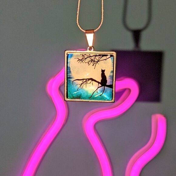 Black Cat Hand Crafted Stainless Steel Charm Stamped Sterling Silver Necklace - Picture 7 of 7